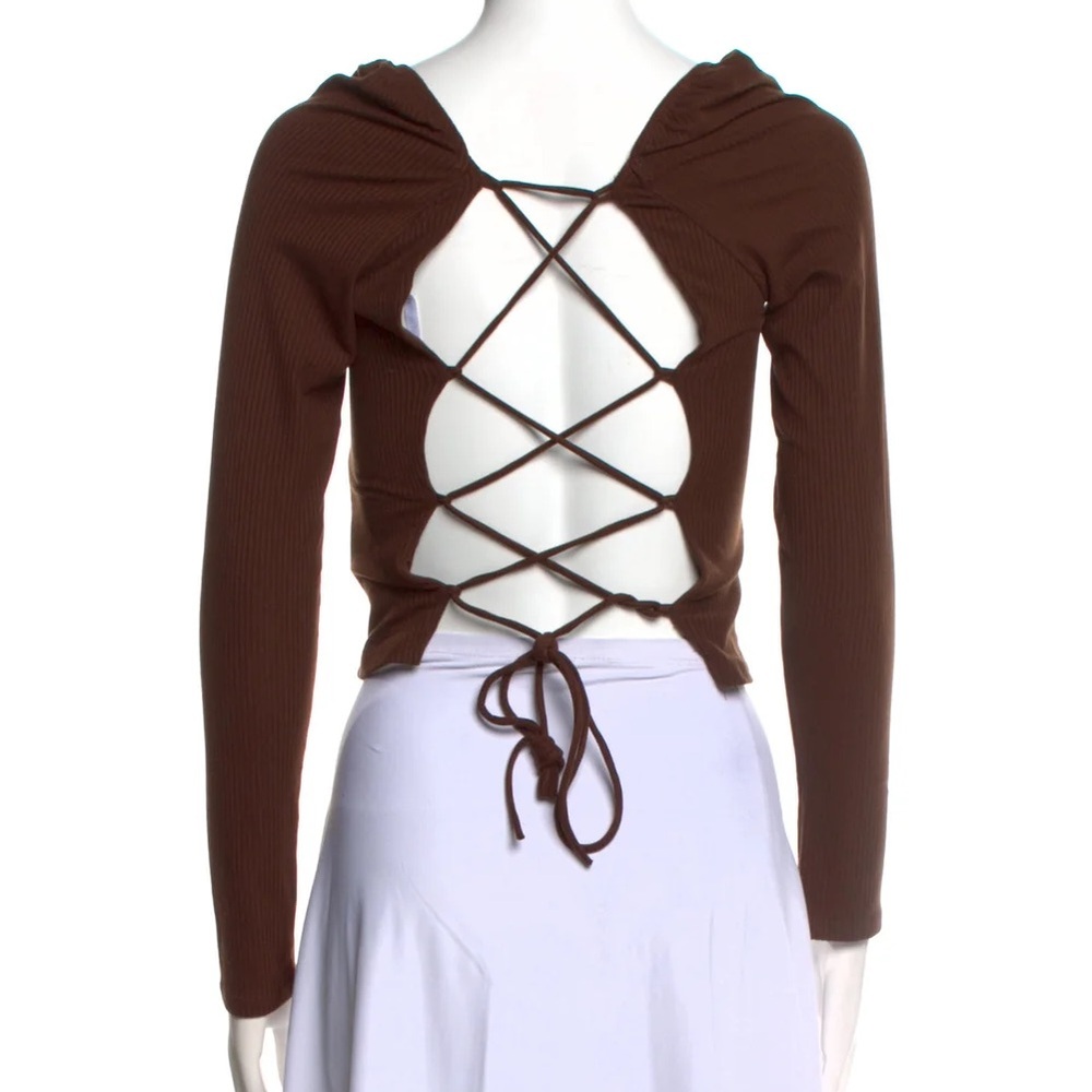Reformation Ribbed Brown Tie Back Long Sleeve Top - Picture 2 of 2